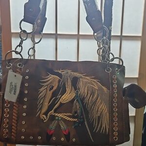 Brown Embroidered Horse Design Women's Bag